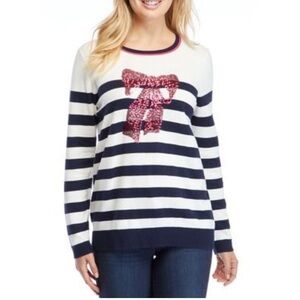 NWT Kim Rogers Sweater Women Size 2 Blue/ White Stripe Pink Sequin Bow
